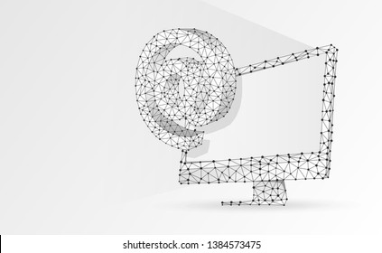 Internet AT symbol on white monitor screen. Device, e-mail, mailing, communication concept. Abstract, digital, wireframe, low poly mesh, vector white origami 3d illustration. Triangle, line, dot, star