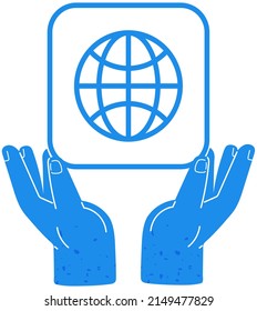 Internet symbol, world between human hands. Worlwide, globe with world network icon. Application for access to web resource and info searching. Internet connection app isolated on white background
