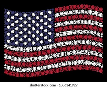 Internet symbols are composed into waving USA flag abstraction on a dark background. Vector concept of USA state flag is formed with internet items. Designed for political and patriotic projects.