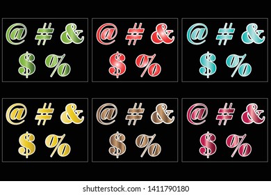 internet symbols vector set in multiple colors - dollar, hashtag, and symbol, e mail symbol, percentage