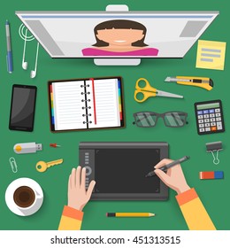 Internet talks at workplace top view with hands of worker screen stationery on green background vector illustration