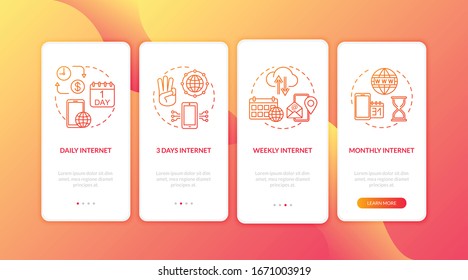 Internet tariff plans onboarding mobile app page screen with concepts. Daily, weekly and monthly Internet walkthrough 4 steps graphic instructions. UI vector template with RGB color illustrations