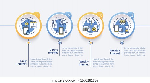 Planes arancelarios de Internet plantilla de infografía vectorial. Elementos de diseño de presentación de términos de servicio de red. Visualización de datos con 5 pasos. Diagrama de la escala de tiempo del proceso. Diseño de flujo de trabajo con iconos lineales