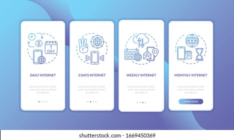 Internet tariffs range onboarding mobile app page screen with concepts. Daily, weekly, monthly paid Internet walkthrough 4 steps graphic instructions. UI vector template with RGB color illustrations