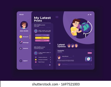 Internet teacher tablet interface vector template. Mobile app page night mode design layout. User profile screen. Flat UI for application. Educational posts, lesson updates on portable device display
