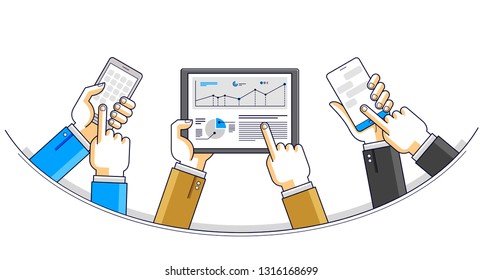 Internet teamwork online team is working and having communication using gadgets and apps, businessmen hands with phones and tablet, vector illustration.