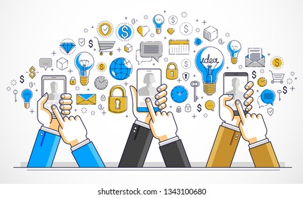 Internet teamwork online team is working and having conference using gadgets and apps, businessmen hands with phones and tablet, vector illustration.