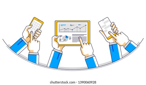 Internet teamwork online team is working and having communication using gadgets and apps, businessmen hands with phones and tablet, vector illustration.