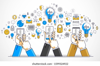 Internet teamwork online team is working and having conference using gadgets and apps, businessmen hands with phones and tablet, vector illustration.