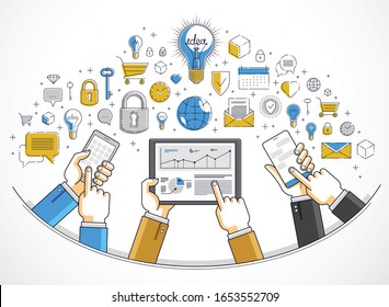 Internet teamwork online team is working and having communication using gadgets and apps, businessmen hands with phones and tablet, vector illustration.