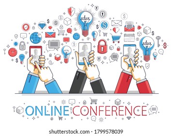 Internet teamwork online team is working and having conference using gadgets and apps, businessmen hands with phones and tablet, vector illustration.