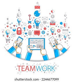 Internet-Teamwork Online-Team arbeitet und hat Kommunikation mit Gadgets und Apps, Geschäftsleute Hände mit Handys und Tablet, Vektorgrafik.