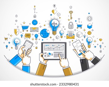 Internet teamwork online team is working and having communication using gadgets and apps, businessmen hands with phones and tablet, vector illustration.