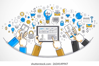 Internet teamwork online team is working and having conference using gadgets and apps, businessmen hands with phones and tablet, vector illustration.