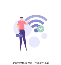 internet technician, fiber optic technician. Wifi, wireless network. a worker or staff repair customer internet network. internet service. job and profession. flat cartoon illustration. concept design