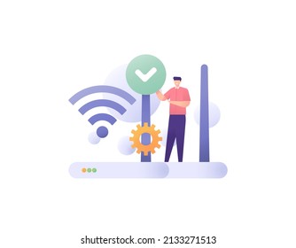 Internet Technician, Fiber Optic Technician. Wifi, Wireless Network. A Worker Or Staff Repair Customer Internet Network. Internet Service. Job And Profession. Flat Cartoon Illustration. Concept Design