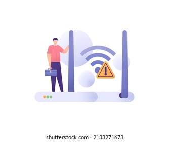 internet technician, fiber optic technician. Wifi, wireless network. a worker or staff repair customer internet network. internet service. job and profession. flat cartoon illustration. concept design