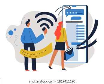 Internet technologies, gadgets and innovative systems assisting in working. People with big smartphones, wifi signal. Man and woman socializing. Tablet with website page, vector in flat style