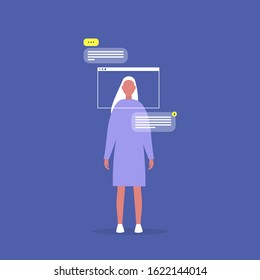 Internet technologies, landing page frame, young female modern user, conceptual vector illustration