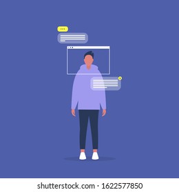 Internet technologies, landing page frame, young male modern user, conceptual vector illustration