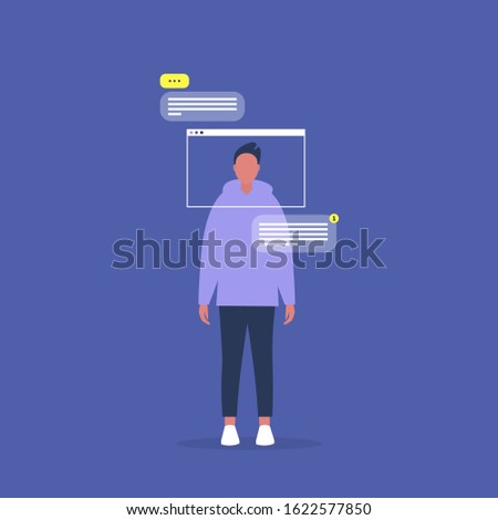 Internet technologies, landing page frame, young male modern user, conceptual vector illustration