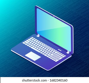 Internet technologies, smart home device, laptop and network vector. Digital gadget, wireless connect, communication equipment with remote control. Portable computer, web connection, isometric