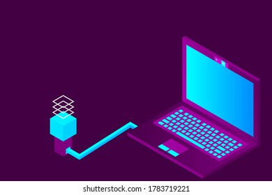 Internet technologies, smart home device, laptop and network vector. Digital gadget, wireless connect, communication equipment with remote control. Portable computer, web connection, isometric