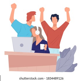Internet technologies specialists celebrating achievement in project. IT workers with cup of coffee discussing success and results. Youth with laptop and headphones cheerful colleagues vector