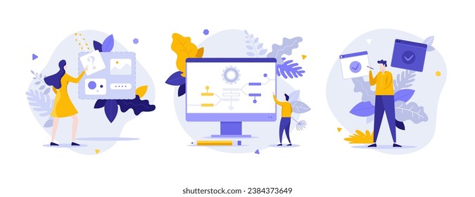 Internet technologies of startup flat concept vector illustrations set. Business landing page design cartoon composition. Digital marketing structure creative idea for website, presentation