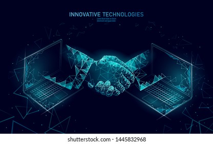 Internet-Technologie 3D Business-Mann Handshake. Vertragskonzept für die Unternehmensfinanzierung Erfolgreiches Web-Netzwerk Low-Poly-Banner. Polygonaler internationaler Internetanschluss - Notebook-Vektorgrafik