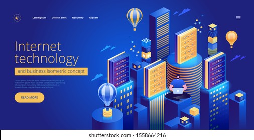 Internet technology and business isometric concept. Computing and information technology for business. Communication data network. Service it. Landing page vector illustration.