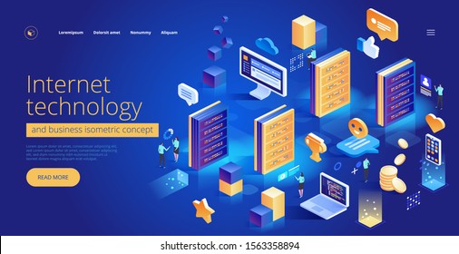 Internet technology and business isometric concept. Computing and information technology for business. Communication data network. Service it. Landing page vector illustration.