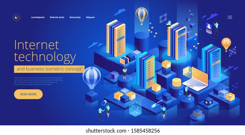 Internet technology and business isometric concept. Computing and information technology for business. Communication data network. Service it. Landing page vector illustration.