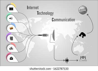 Internet technology communication infographic vector illustrations with world map background