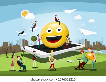Concepto de Tecnología de Internet. Creativo equipo de negocios construye gran sonrisa en teléfono móvil con City Park en segundo plano. Diseño de vectores de medios sociales. 
