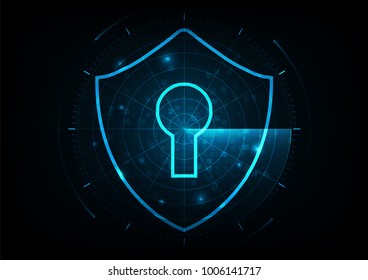 Internet technology cyber security concept of protect and scan computer virus attack  with radar screen on Blue abstract background.