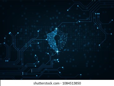 Internet technology cyber security concept of protect computer virus attack  with  shield  Keyhole icon on Blue abstract background. 