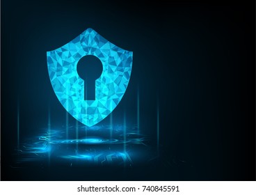 Internet technology cyber security concept of protect computer virus attack  with  shield  Keyhole icon on Blue abstract background. 