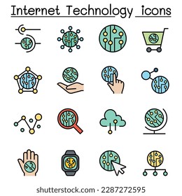 Conjunto de iconos de la línea de color de la tecnología de Internet y la comunicación de datos