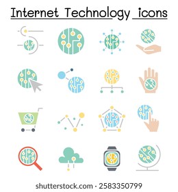 Internet technology and Data communication icon set in flat color style