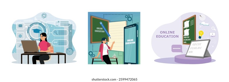 Internet technology education. Online education concept. Students study using laptops and mobile phones. Set flat vector illustrations.