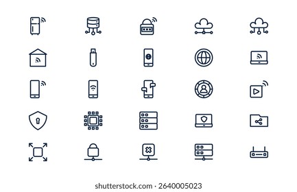 Internet technology icon representing global connection, online access, and digital communication in outline style
