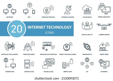 Symbol-Set für die Internettechnologie. Enthält bearbeitbare Icons Internet-Technologie Thema wie WiFi, Parabolschalen, Roboter-Assistent und mehr.