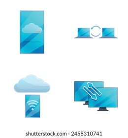 Internet technology icons set cartoon vector. Various modern technical device. Transfer and storage information