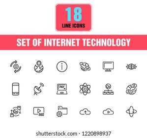Internet technology icons. Set of  line icons. Cloud, social media, thumb up. Internet technology concept. Vector illustration can be used for topics like computer science, network, apps.