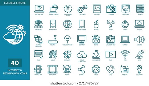 Internet and Technology Line Icons Set with Editable Stroke for Web, Network and Cloud Systems.