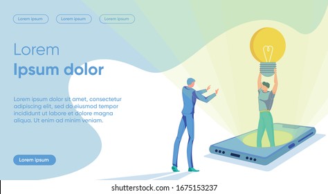 Internet Technology Opportunity for Business Idea Promotion on Market. Businessman Cartoon Character Finding Start Up Concept via Computer Mobile Application. Flat Cartoon Vector Illustration.