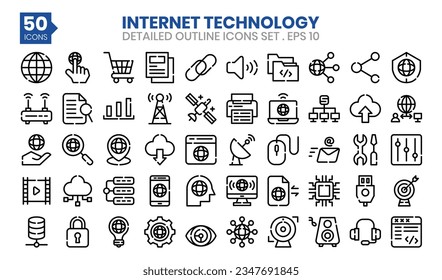 Internet Technology (outline) icons set. The collection includes business and development, programming, web design, app design, and more.