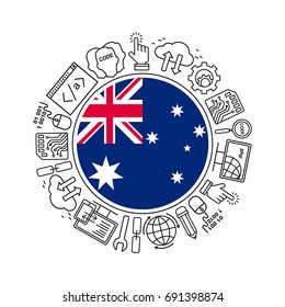 Internet technology and programming in Australia round shape background with linear icons set. Html, php and code circle pattern with line style icons with Australia flag.