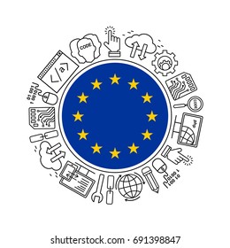 Internet technology and programming in European Union round shape background with linear icons set. Html, php and code circle pattern with line style icons with EU flag.